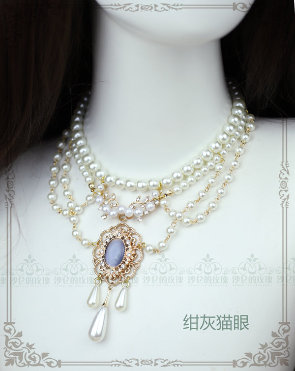 Rose of Sharon - Theresa - Vintage Wedding Lolita Necklace cyan opal