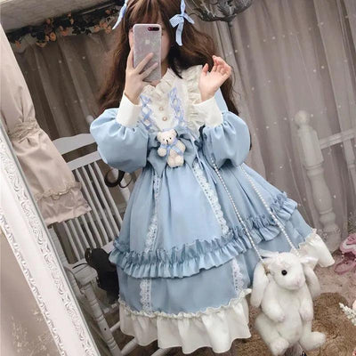 (Buyforme)Hanxiaoxiao~Plus Size Blue Brown Fairytale Princess Lolita OP L blue 