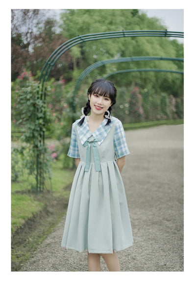 EESSILY~Macaron Waffle~Kawaii Lolita Short Sleeve Summer OP S mint azure 