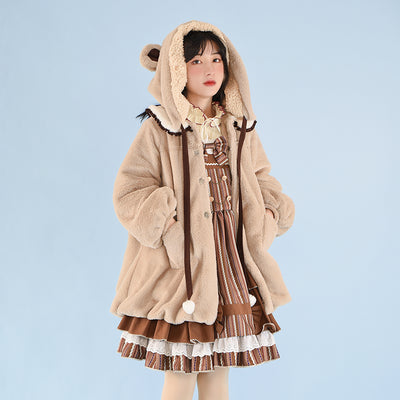 With Puji~Bear Coco Tea~Thick Lamb Wool Lolita Warm Coat S khaki 