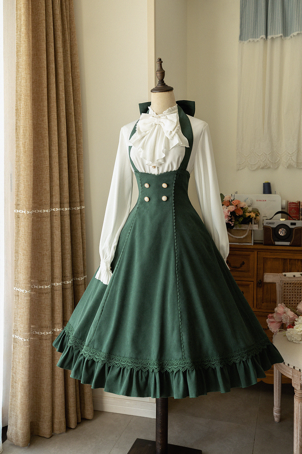 Forest Wardrobe - South of the Forest - Vintage Lolita Halter JSK Dress, French Style Blouse S Dark Green Brushed Fabric JSK