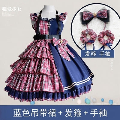 Your Princess~Star Charm~Sweet Idol Lolita Plaid Jumper Skirt S red JSK+headdress+cuff+chain 