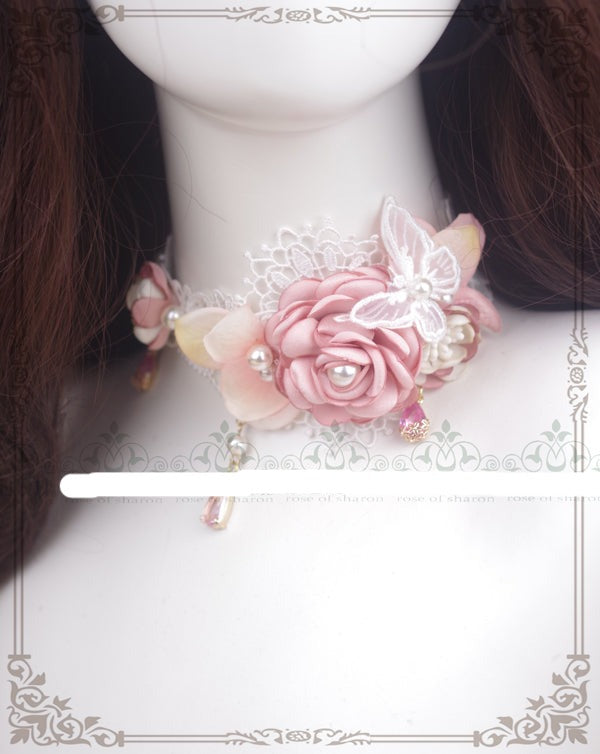 Rose of Sharon~French Rose Flower Lace Lolita Choker pink color choker  