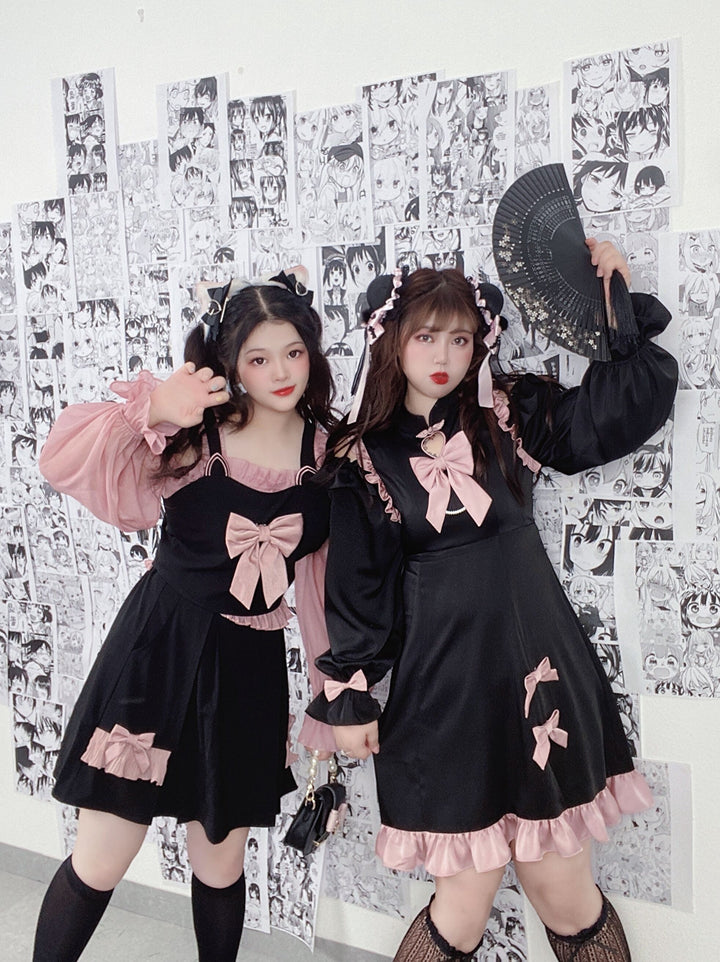 Yingtang~Plus Size Lolita Black Pink Cheongsam Dress Set 8218:104848