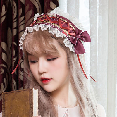 ZhiJinYuan - Sweet Lolita Lace Bow Hairband Multicolors rose letterhead wine red