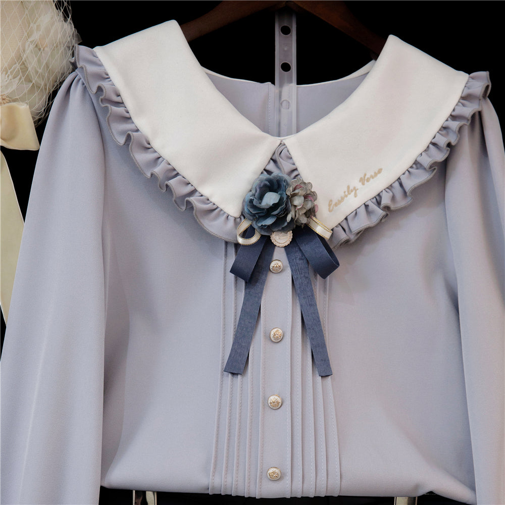 Eessily Verse~Spring Picnic~Embroidered Han Lolita Suits S powder blue long sleeve shirt 