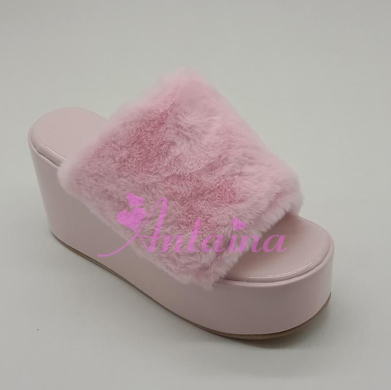 Antaina ~ Kawaii Lolita Pink Slipper Rabbit Fur Shoes   