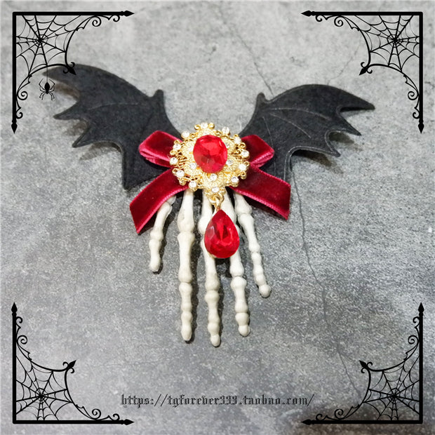 Fox Cherry~Gothic Lolita Batwing Hand Bones Hairclip red big gem hairclip  