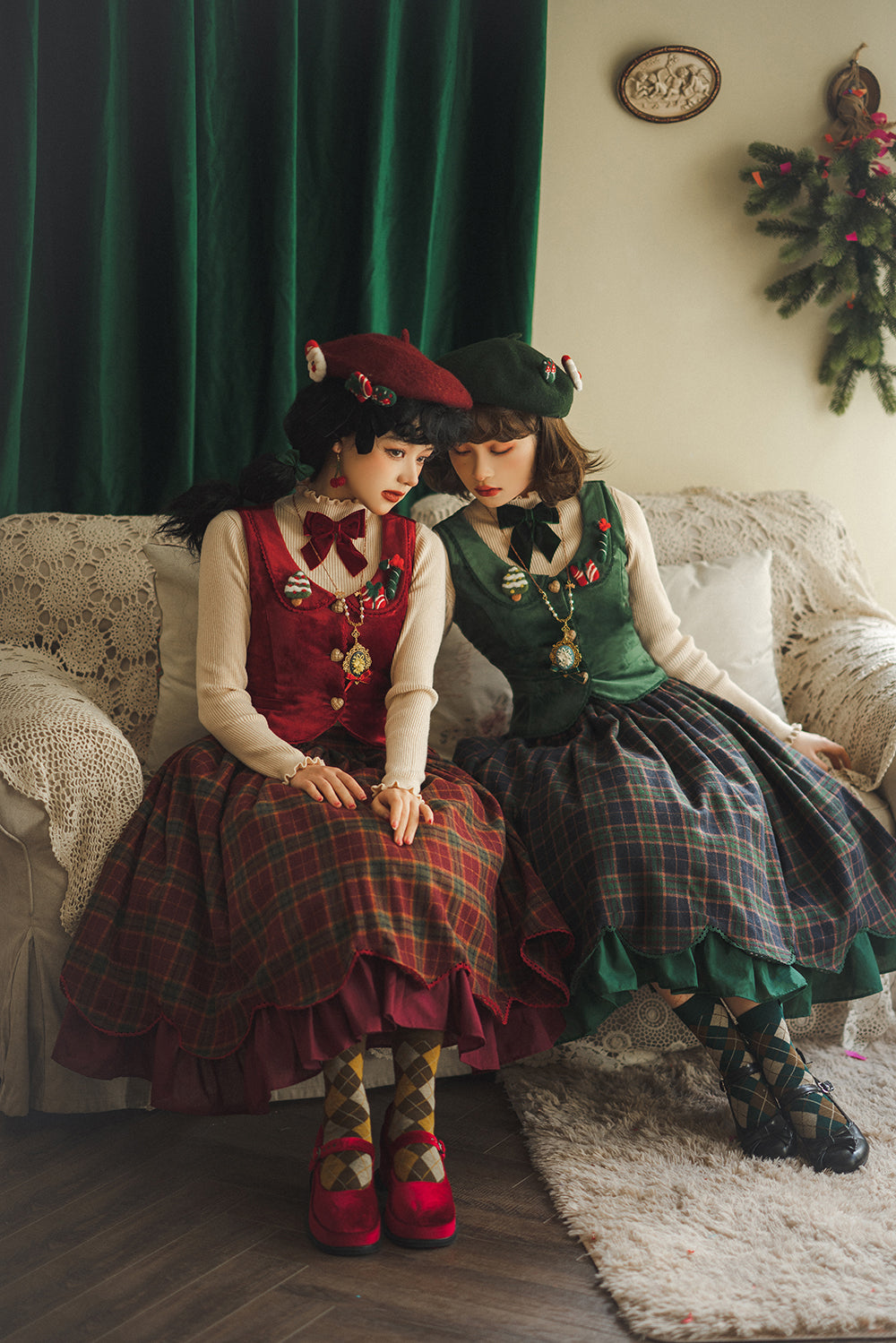 Miss Point~Christmas Preppy Style Velvet Lolita SK Vest Set   