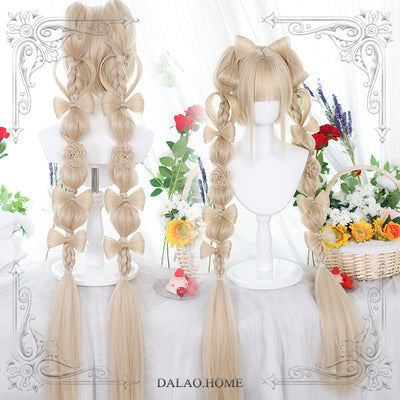 Dalao Home~Long Sweet Lolita Wig With Ponytails free size Yiwang Hutao hairstyle③+ 8* bows+2 roses 