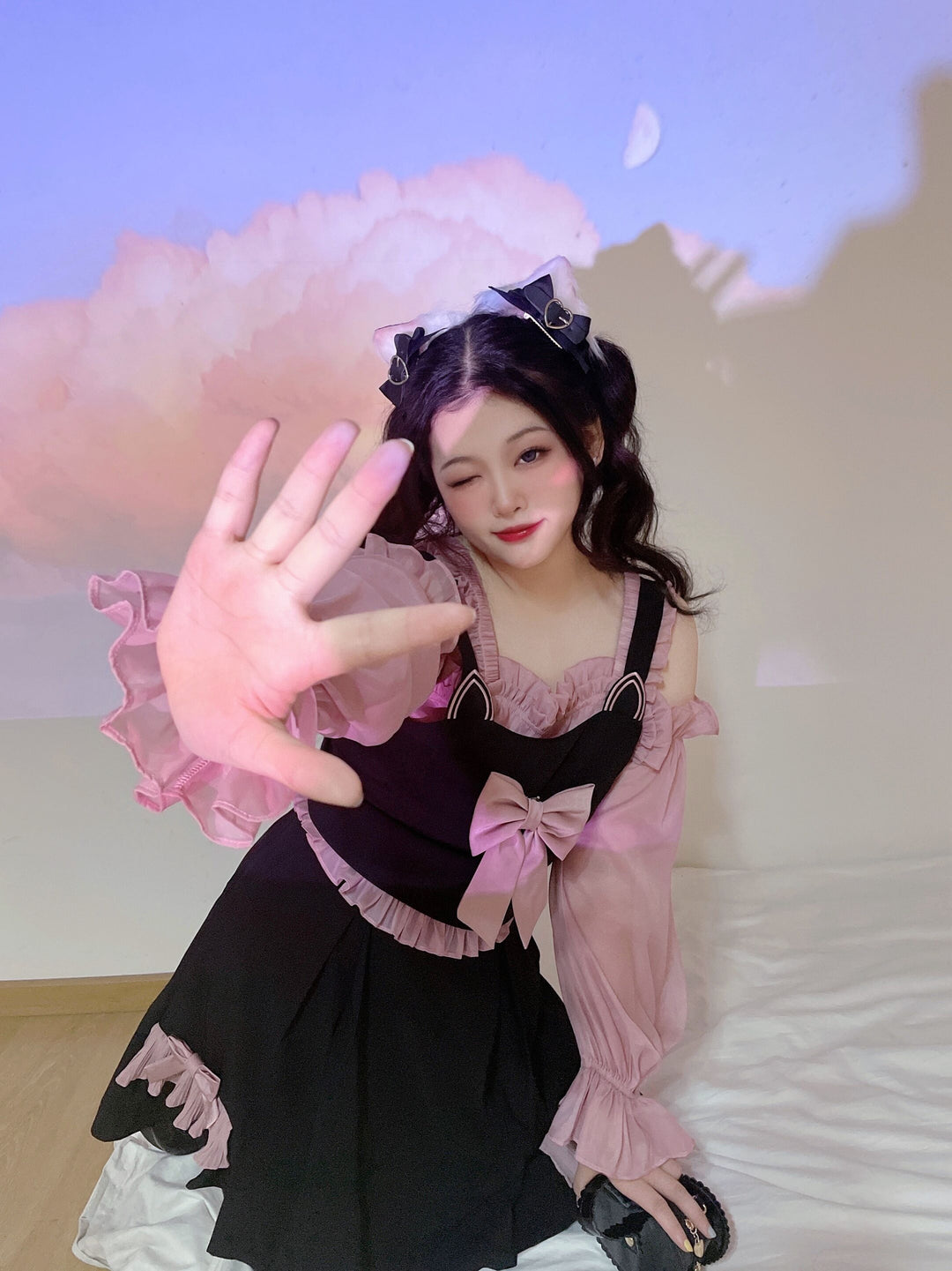 Yingtang~Plus Size Lolita Black Pink Cheongsam Dress Set XL pink top 
