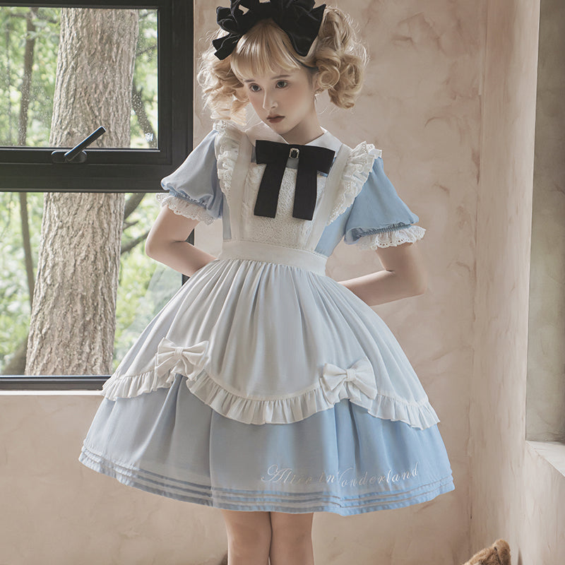 Letters from Unknown Star - Sweet Alice - Short Sleeves Maid Lolita OP blue with apron S