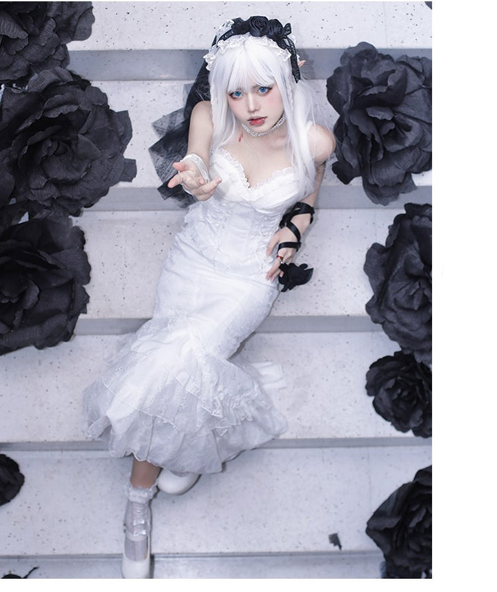 With PUJI~Never Rot Bones~Gothic Lolita Dress Bride Mermaid JSK Dress   