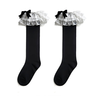 (BuyForMe) Mixiu~Lolita Bow Cotton Socks Lace Socks Free size long black with white lace 