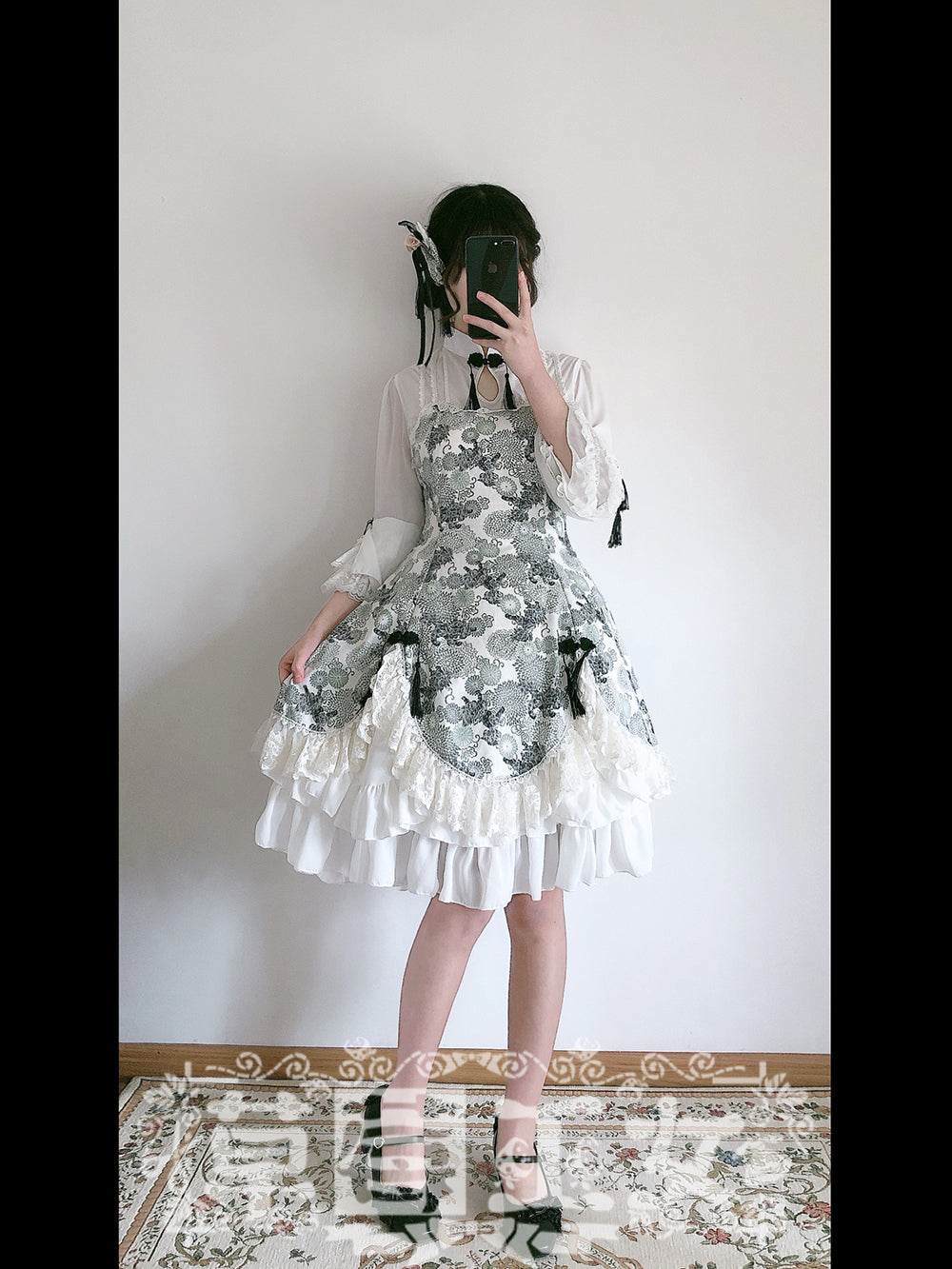 Strawberry Witch~Floral Chinese Qi Lolita OP Dress S white grey 
