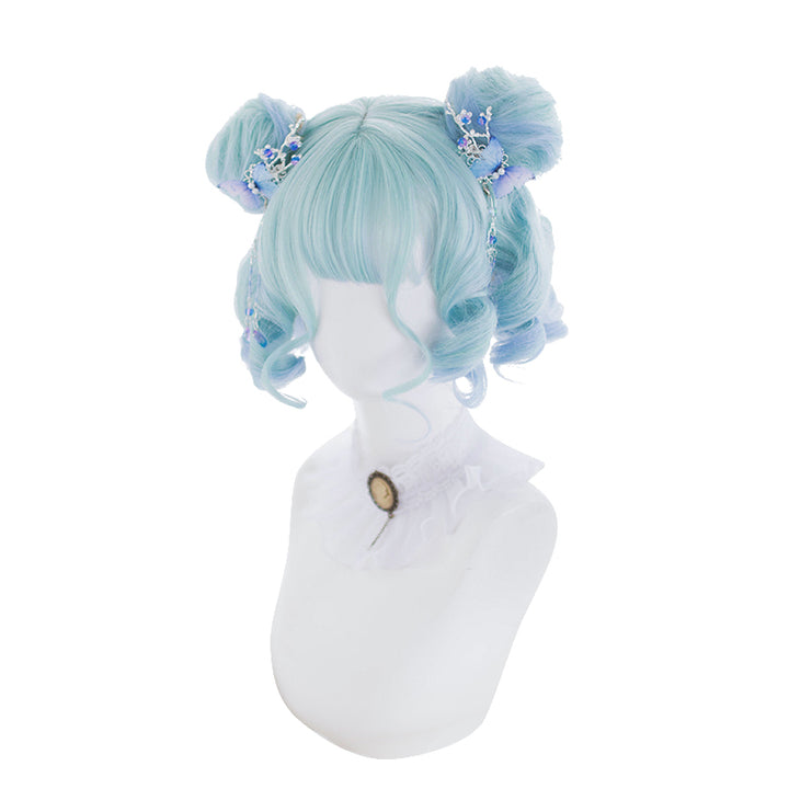 Hengji~Blue Green Gradient Color 26cm Short Curly Lolita Wig   