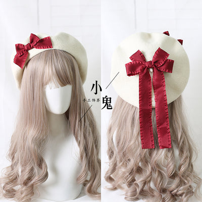 (BuyForMe) Xiaogui~Sweet Bow Multicolors Lolita Wool Beret M（56-58cm） milk white hat with dark red bows 