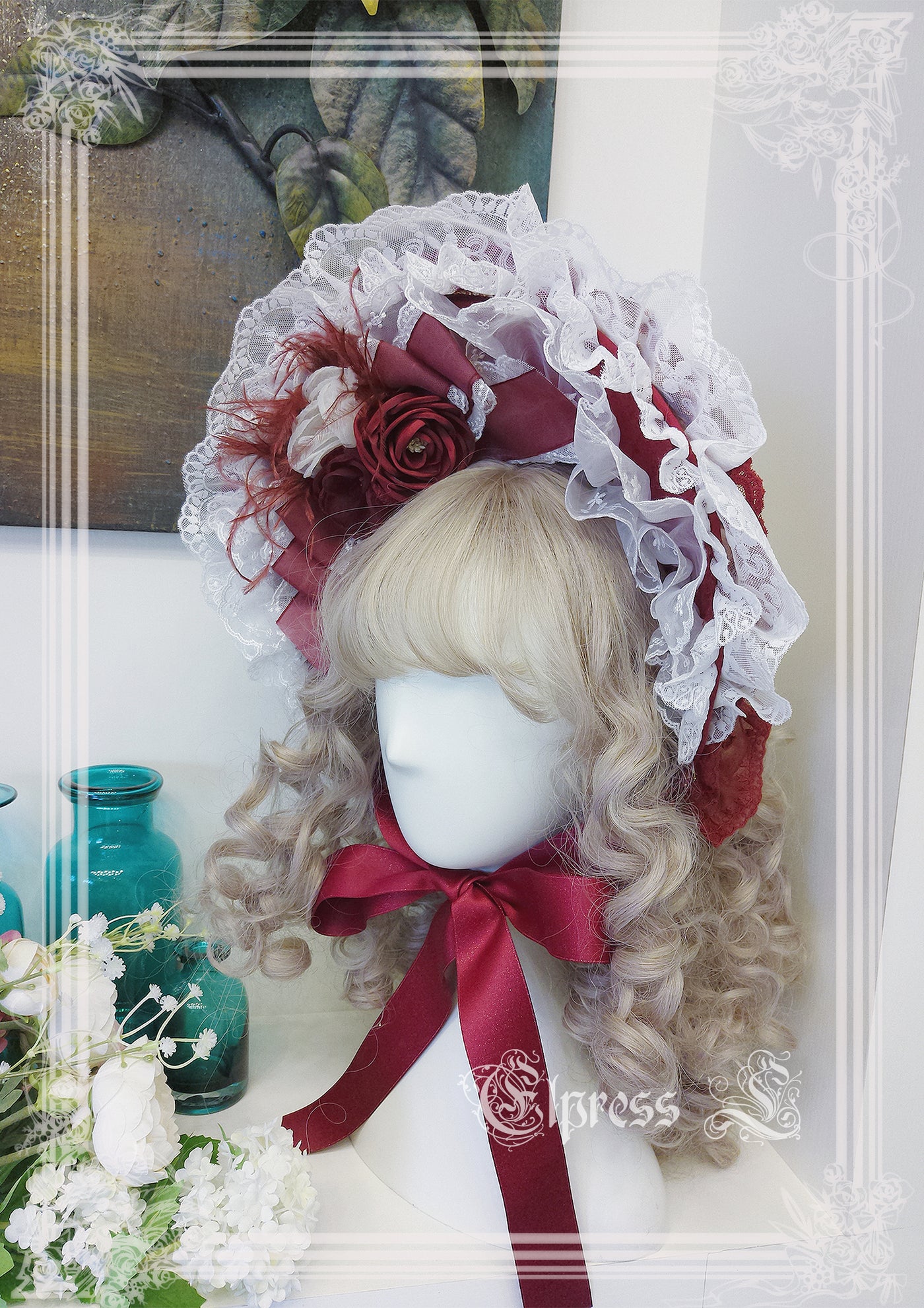 Elpress L~Christmas Flower Hairpins Lolita Mesh Veil KC Bonnet red BNT 