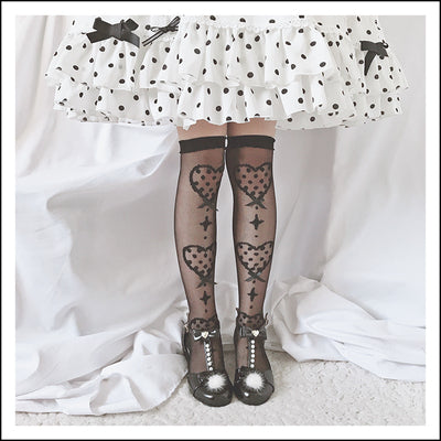 Roji roji~Super Thin Summer Lolita Knee Socks over knee socks black bow on black background 