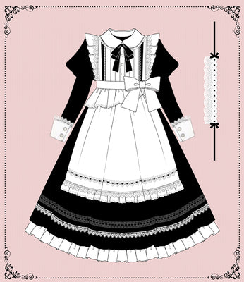 Your Princess~Maid Lolita Puff Sleeve Black Dress S black long sleeve dress+appron+hairband 