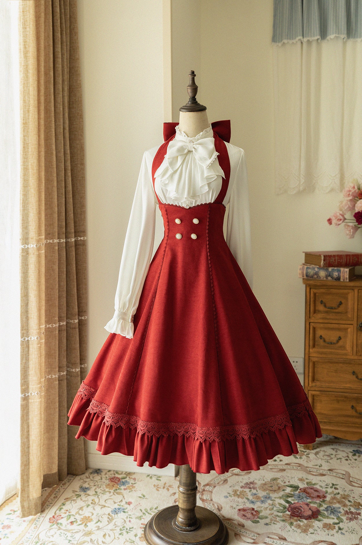 Forest Wardrobe - South of the Forest - Vintage Lolita Halter JSK Dress, French Style Blouse S Retro Red Brushed Fabric JSK