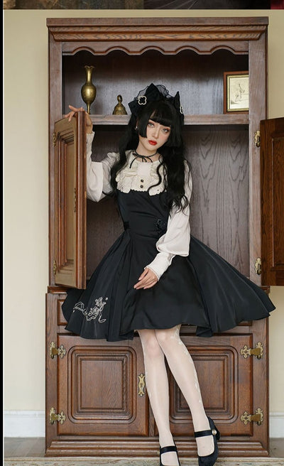 ZeeYe~Night Rose~ Classic Lolita OP Dress S long black with embroidery long sleeve