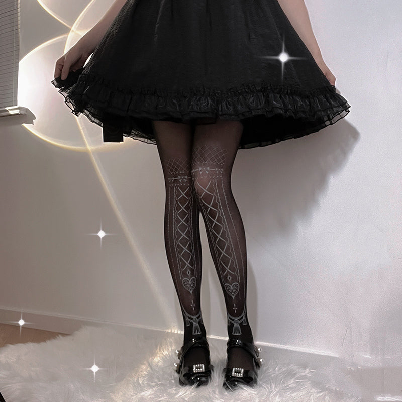 (Buyforme) Roji Roji~J-fashion Black White Lolita Pantyhose free size silver print in black 