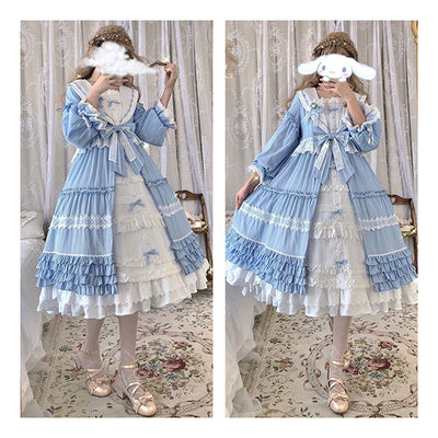 Alice Girl~Cotton Lolita Dress Sunflower Ruffle OP Dress S blue (long sleeve version) 