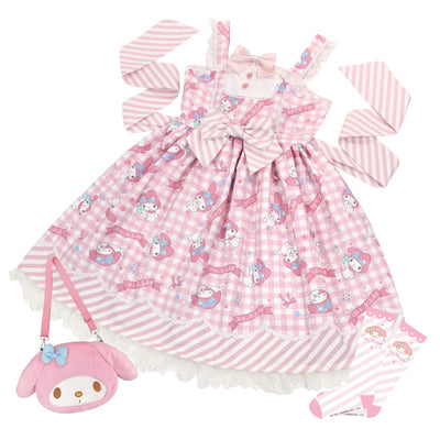 Confession Ballon~Sanrio Pudding Dog Print Kawaii Lolita Jumper Dress S Melody JSK (blue X pink) free gift bag+socks 