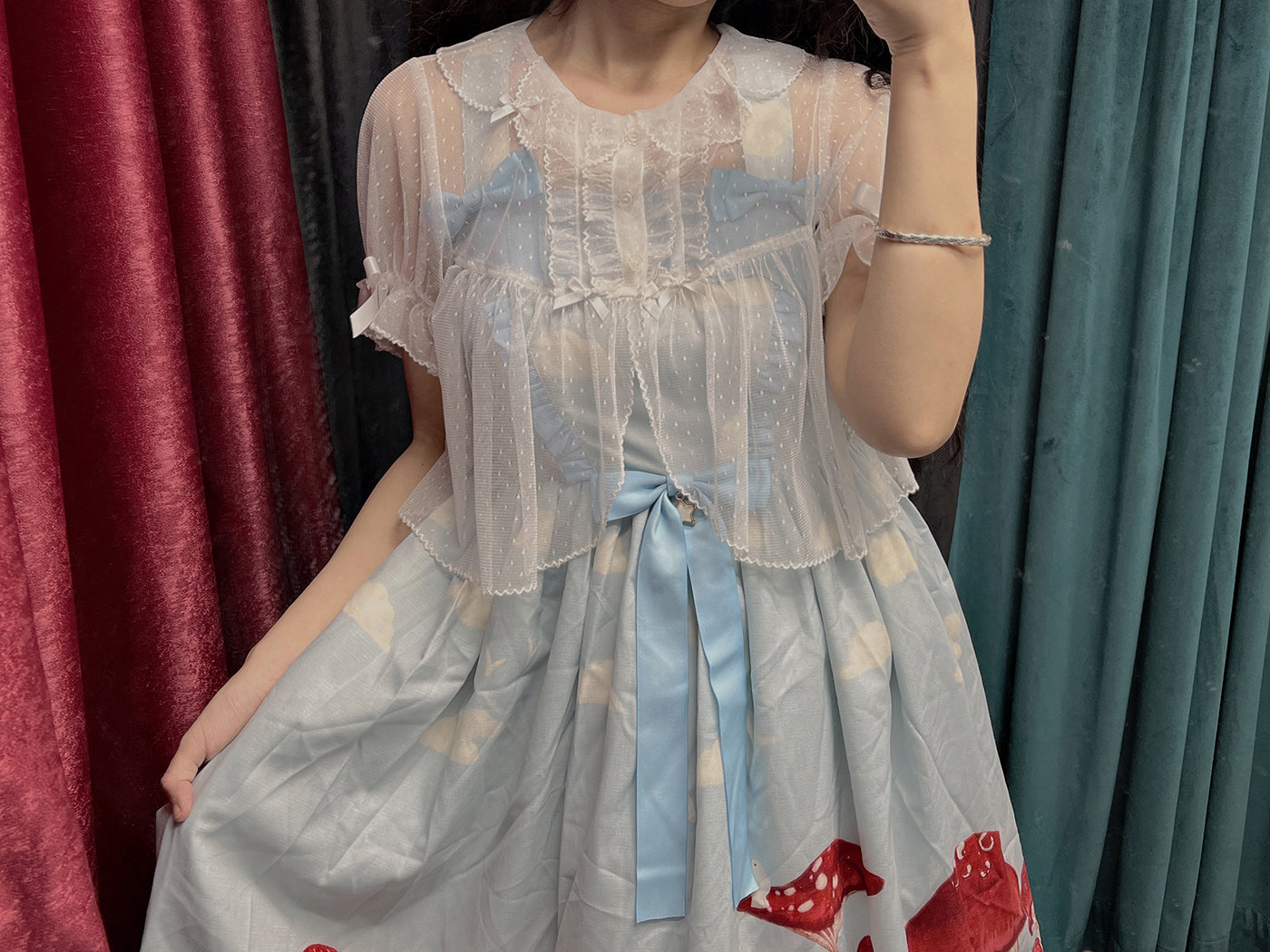 Little Dipper~Floral Mesh Short Sleeve Lolita Top Multicolors S cream white 