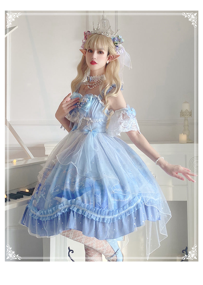 YingLuoFu~Journey With Whales~Kawaii Lolita JSK M jsk dress+bows+wristband*2+choker 