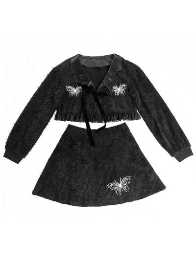 Blood Supply~Butterfly Furry Embroidery Gothic Cardigan Winter Set S furry embroidery set 