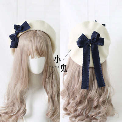 Xiaogui - Sweet Bow Multicolors Lolita Wool Beret M（56-58cm） milk white hat with dark blue bows