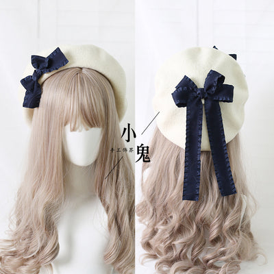 (BuyForMe) Xiaogui~Sweet Bow Multicolors Lolita Wool Beret M（56-58cm） milk white hat with dark blue bows 