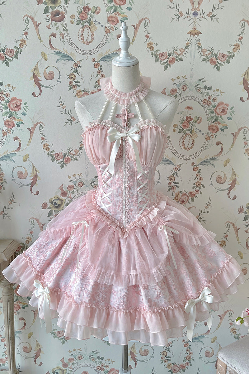 Alice Girl~Cross Maiden~Gothic Lolita Dress Ballet Halterneck Lolita JSK Dress XS pink 