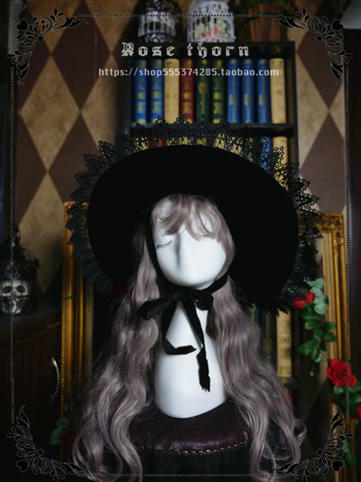Rose Thorn~Black Wizard~Velvet Daily Lolita Hallowen Hat large brim (old version)  