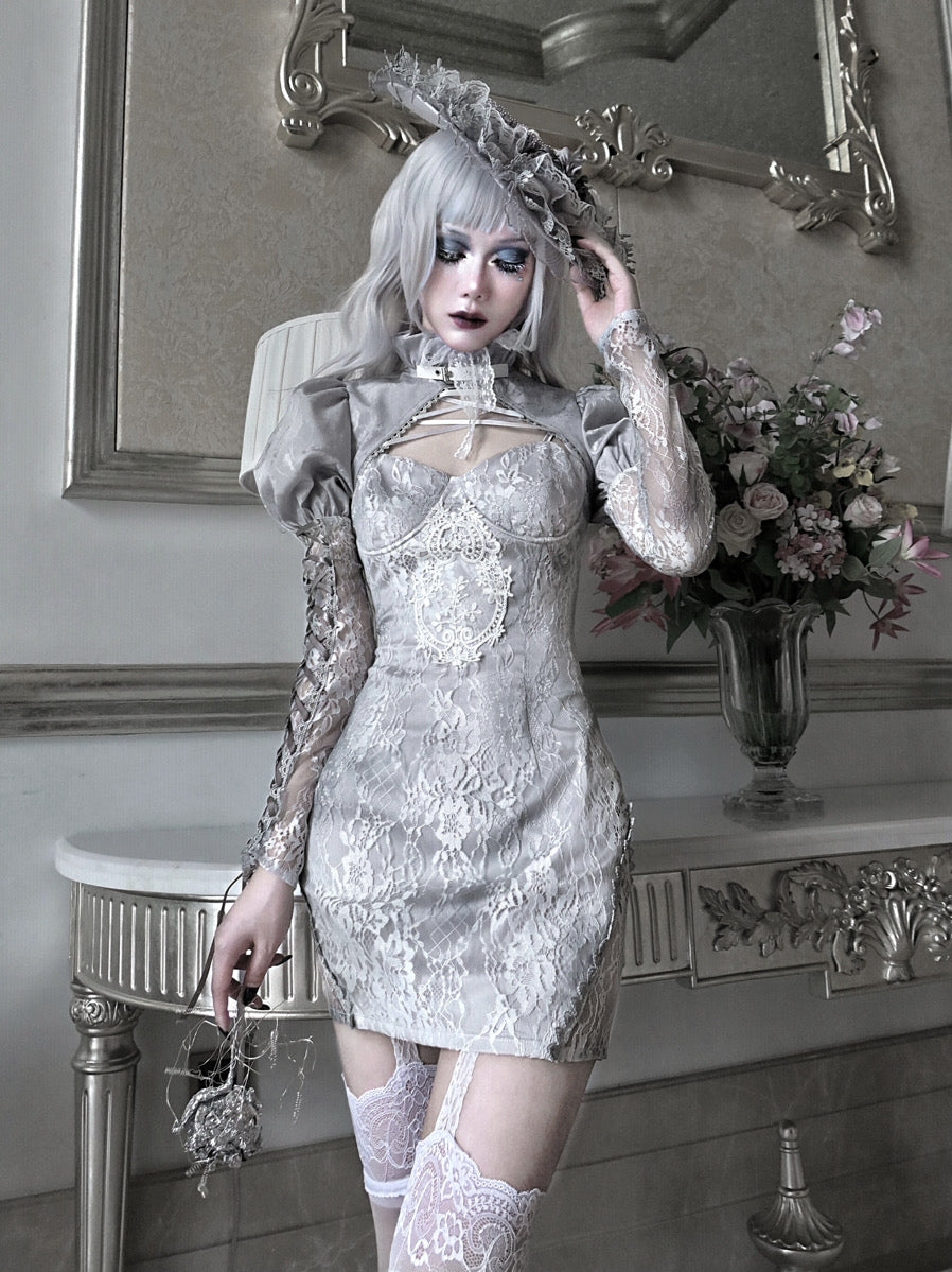 Blood Supply~Rose Funeral~Grey Tie-dyed Lace Lolita Dress   