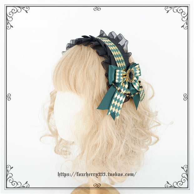 Fox Cherry~Green Lattice Rabbit Ear Bow Lolita Hat Headdress 7082:81032