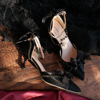 Sky Rabbit~Flower Wedding Elegant Lolita High Heel Shoes 34 5cm balck with chain 