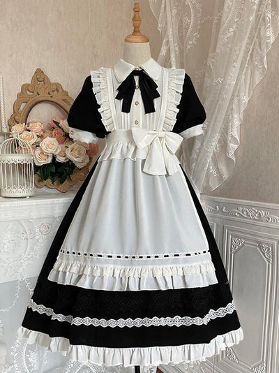 Your Princess~Maid Lolita Puff Sleeve Black Dress S black short sleeve dress+apron 
