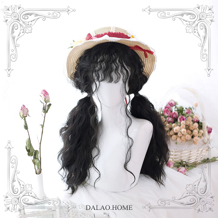 Dalao Home~65cm Wave Lolita Wig Multicolors free siz little witch with 2 ponytails natural black+wig net 