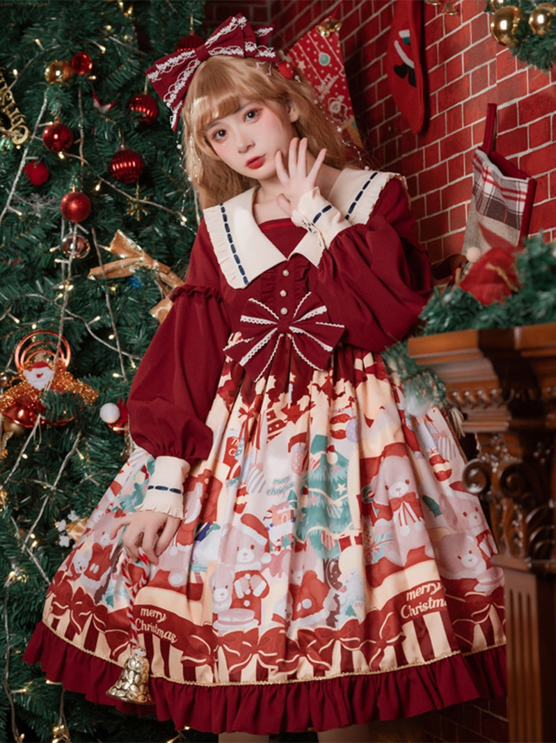 Eieyomi~Christmas Bear~Sweet Lolita Princess OP Dress S wine red 