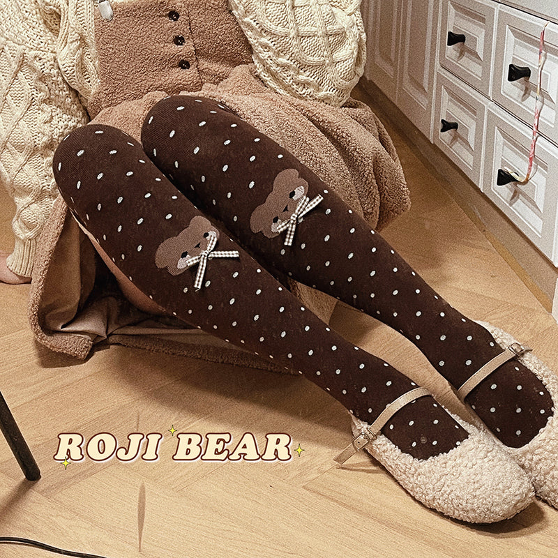 Roji roji~Bear Dots Bow Cotton Lolita Thigh Stockings