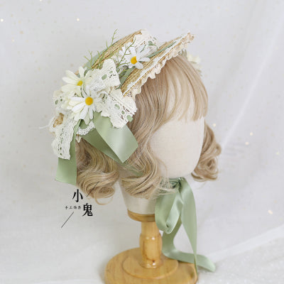 (BuyForMe) Xiaogui~Flower Lolita Tea Party Straw Hat Suitable for both adults and children (with clips) grass green 