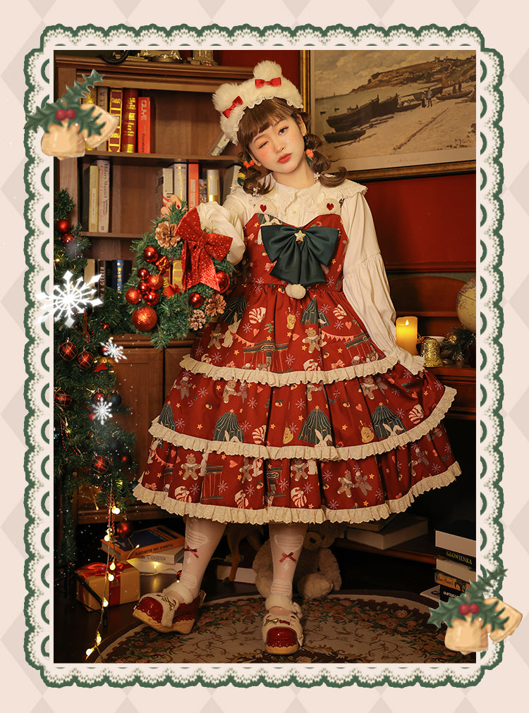 Yingtang~Plus Size Lolita Dress Set Christmas Winter Two-piece   
