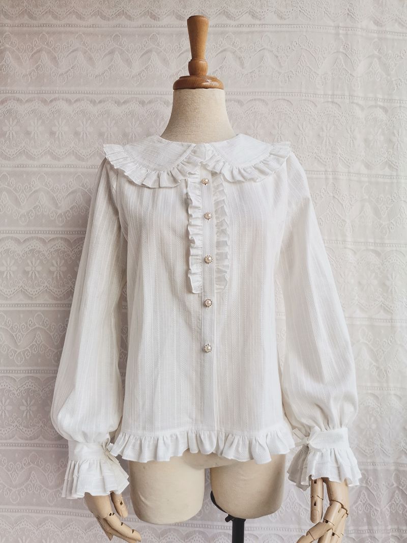 Yilia Autumn and winter Plush Girl Ruffle lolita Long sleeve cotton jacquard shirt Japanese style XS white 