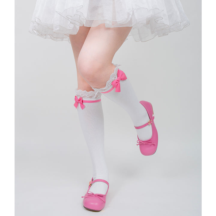 Roji roji~Spring Bow Lace Sweet Cotton Socks Free size rose pink calf socks 