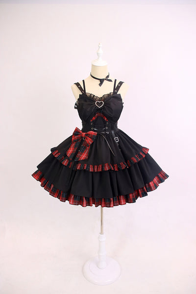 Alice Girl~Little Spicy Sweet Lolita Plaid JSK Dress XS black and red (new version, without ruffles on bust) 