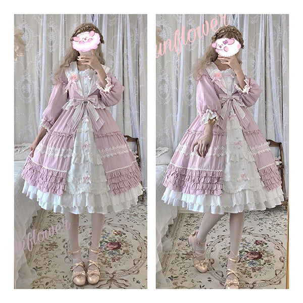 Alice Girl~Sunflower~Cotton Sweet Lolita OP Dress S pink purple (long sleeve version) 