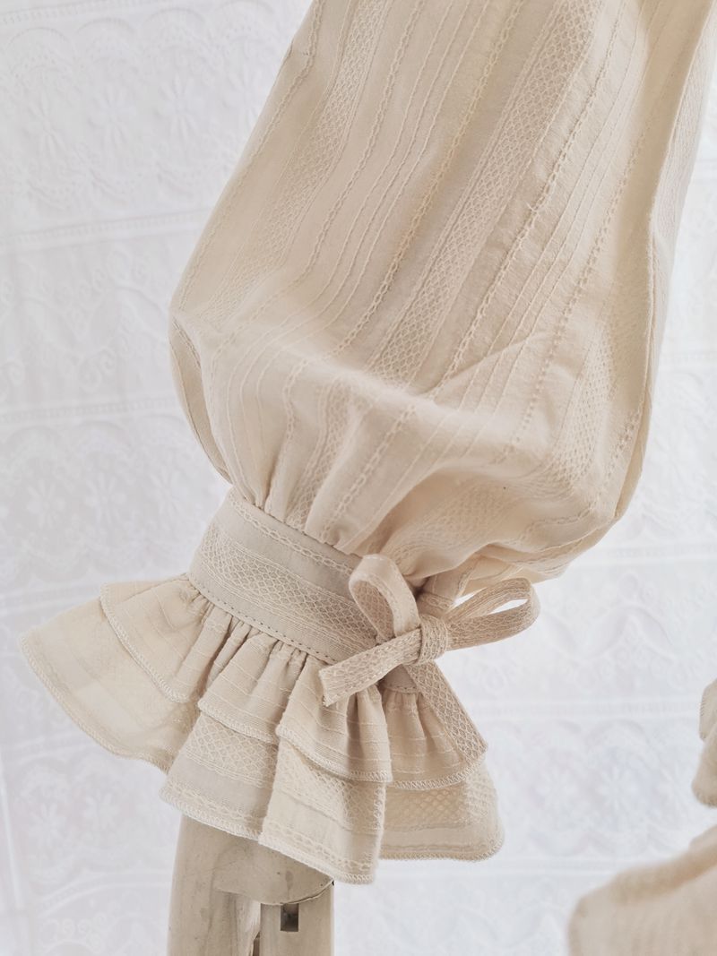 Yilia Autumn and winter Plush Girl Ruffle lolita Long sleeve cotton jacquard shirt Japanese style XS apricot 
